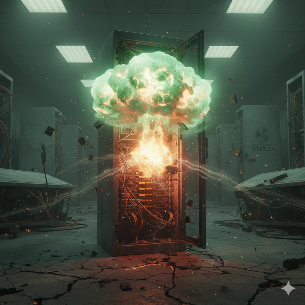 A server cabinet exploding in a nuclear blast cloud, a nod to Fallout 4 and Vault-Tec.