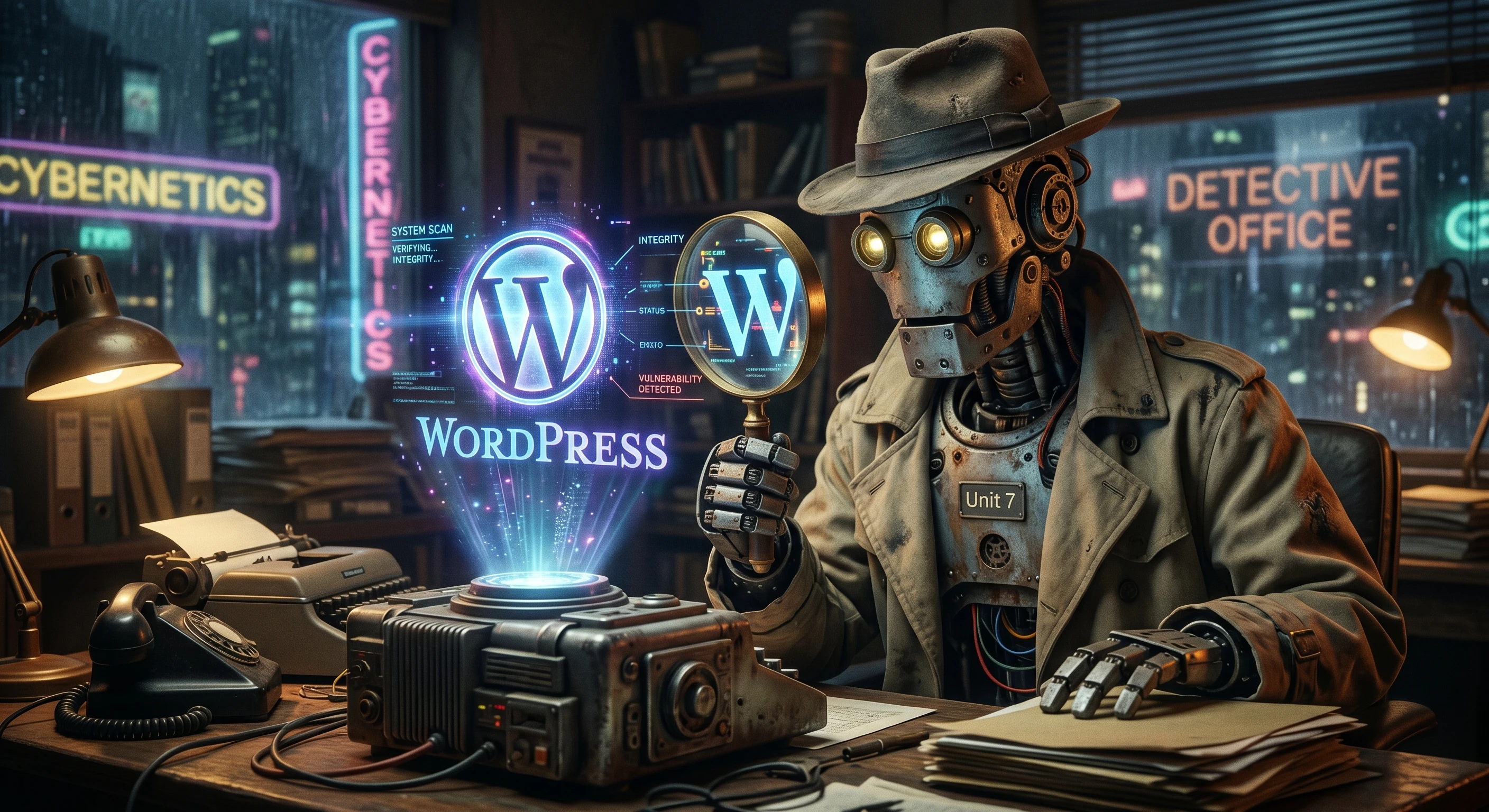 A vintage detective robot scanning a holographic WordPress logo with a magnifying glass.